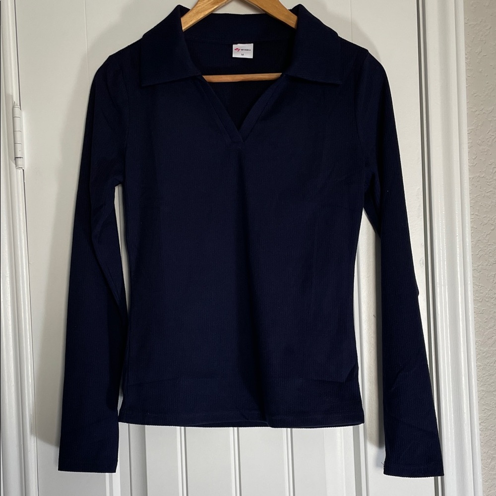 Wiholl Navy Long Sleeve Rib lightweight sweater